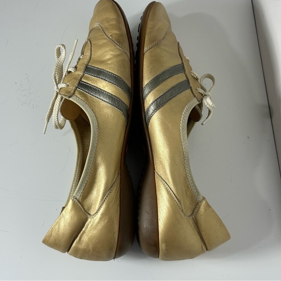 Sesto Meucci Leather Metallic Gold Lace Up Sneakers with Dark Stripes - Picture 3 of 16